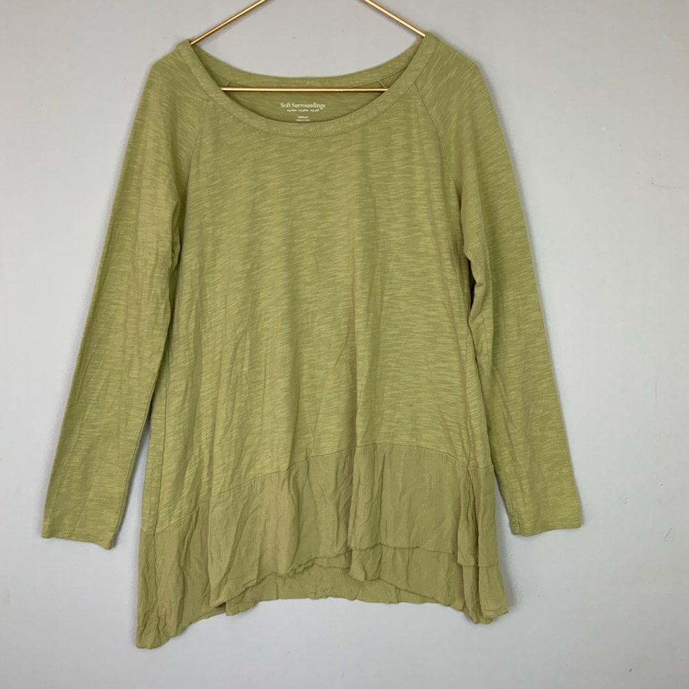 Soft Surroundings Sz Medium Heather Green Asymmetric Chiffon Hem Layer Tunic Top